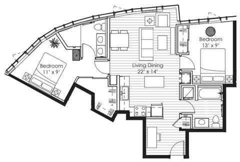 Floor plan for 2 beds, 2 baths, 959 sqft
